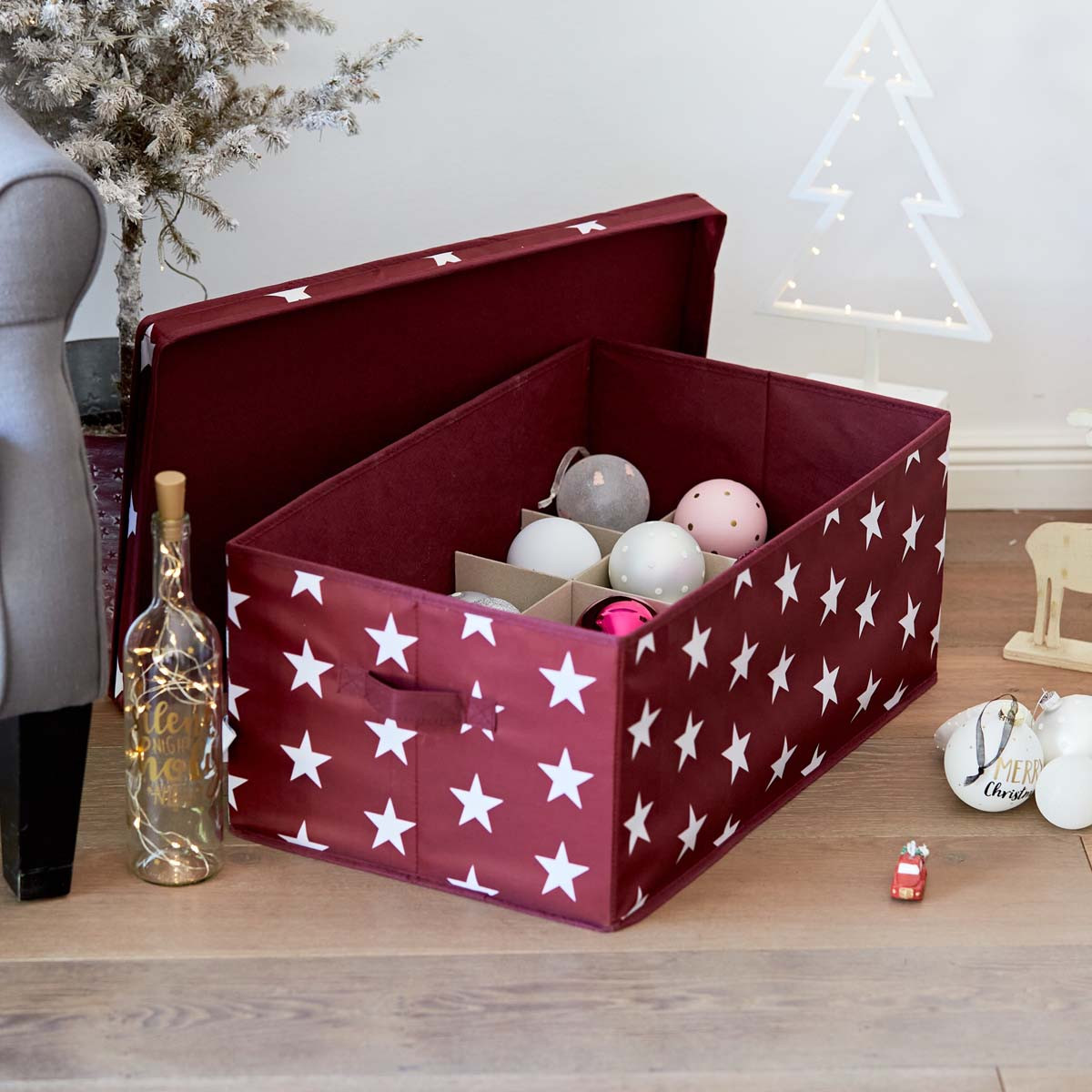 Boîte de rangement en tissu pour décorations de Noël - Bordeaux à