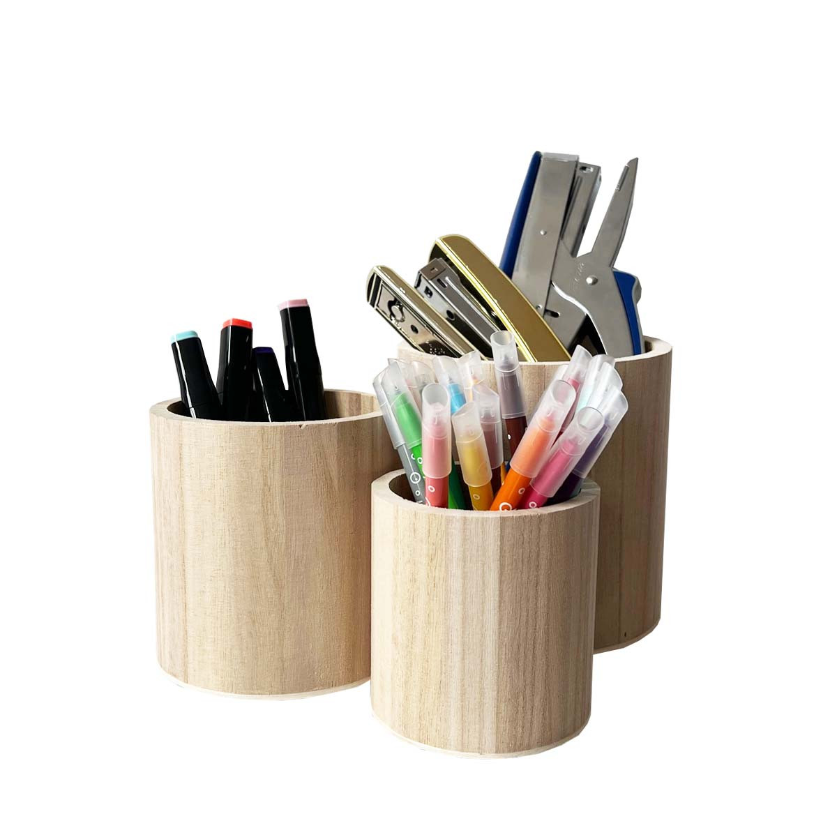 3 pots à crayons ronds en bois naturel - ON RANGE TOUT