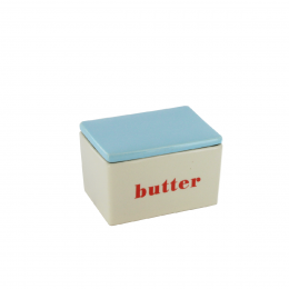 Beurrier en céramique crème avec un couvercle bleu