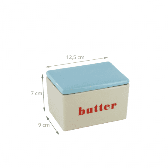 Beurrier en céramique crème avec un couvercle bleu