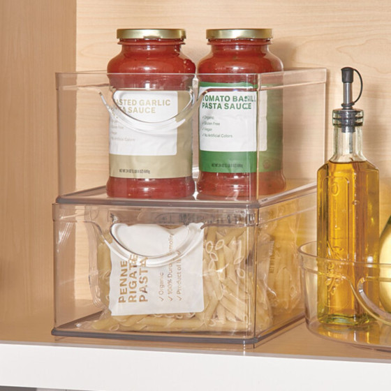 Haut bac en plastique L transparent et empilable pour organiser placards et tiroirs